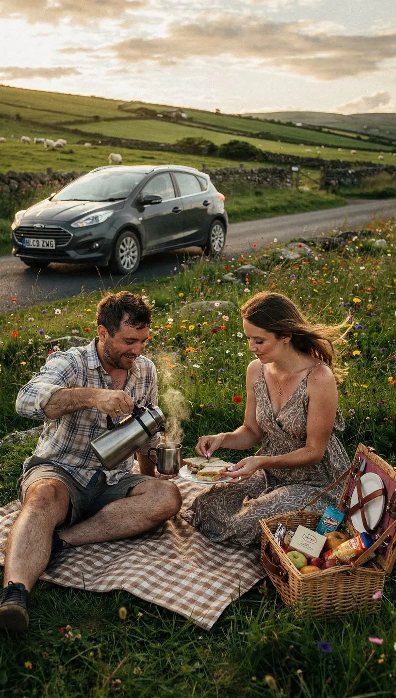 A scenic view of a rental car parked near a picturesque Irish landscape.