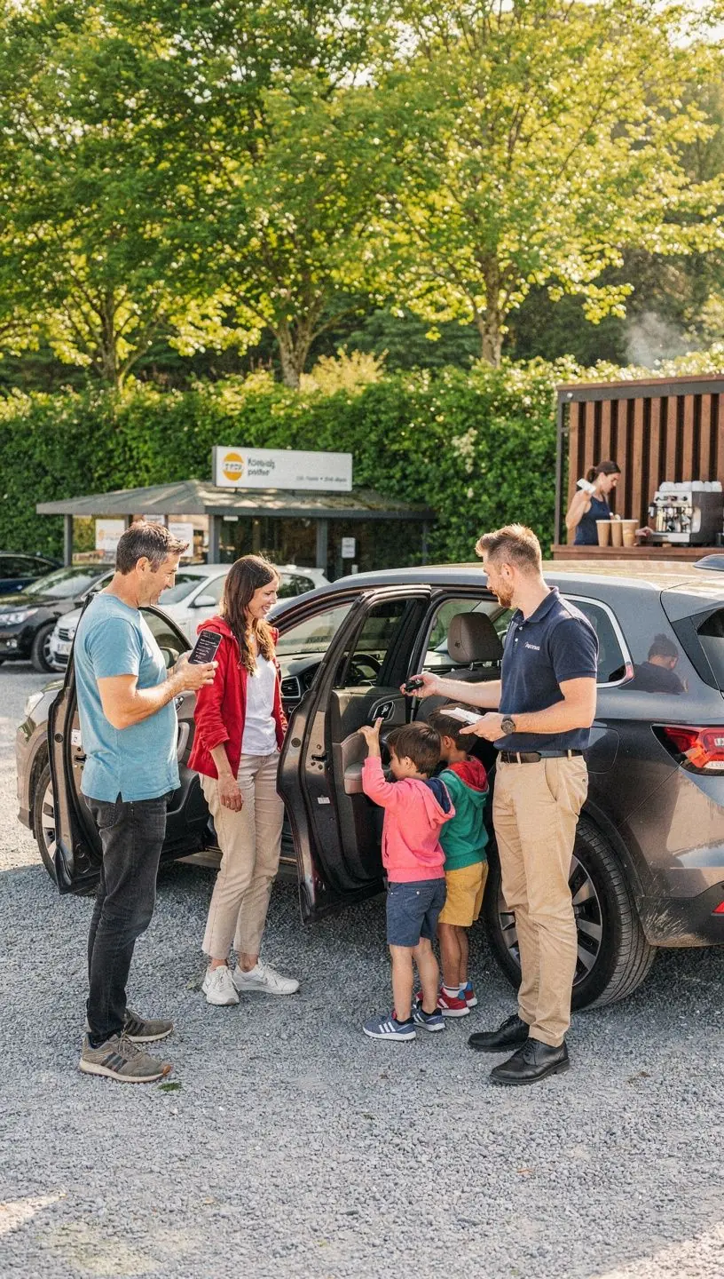 A close-up of a car key alongside a rental agreement and informational brochure.
