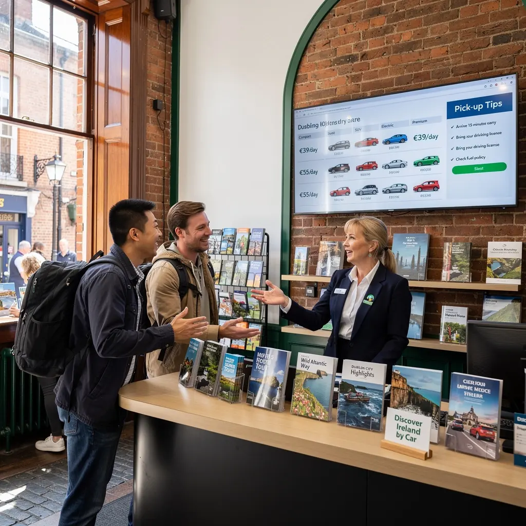 An outdoor image of a rental pickup location at a bustling airport in Ireland.